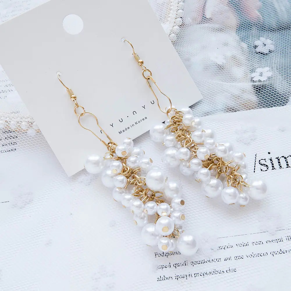 Korean Style Long Pearl Tassel Earrings with Grapes