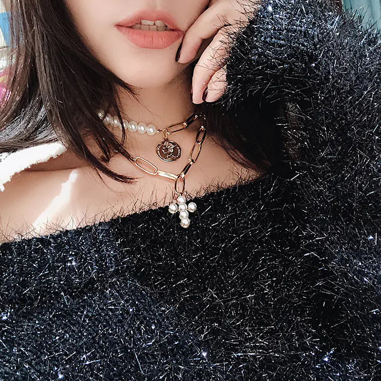 Vintage Coin Pearl Cross Layered Choker Necklace