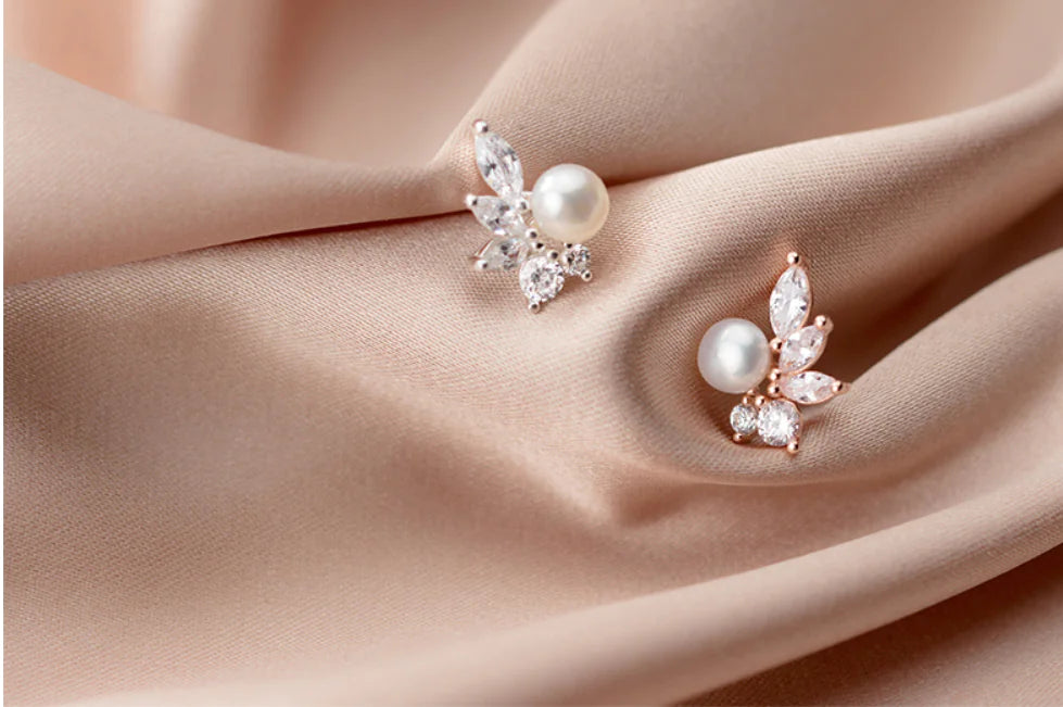 Pearl Leaf Earrings with Diamond Accents