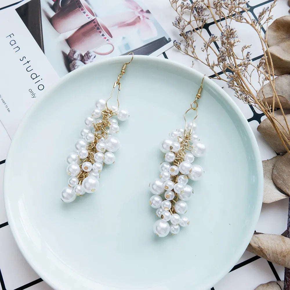 Korean Style Long Pearl Tassel Earrings with Grapes