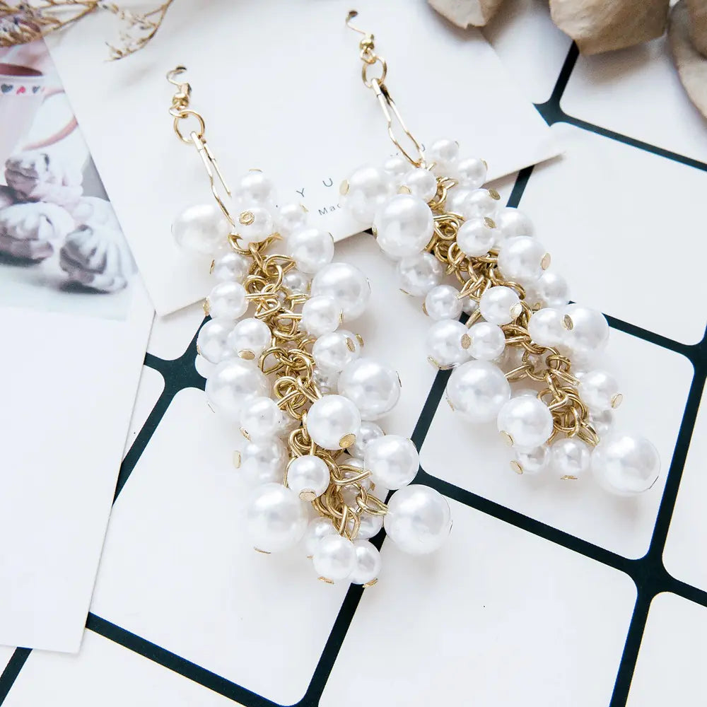 Korean Style Long Pearl Tassel Earrings with Grapes