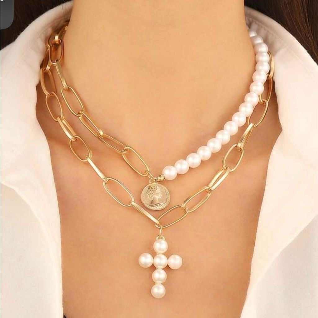 Vintage Coin Pearl Cross Layered Choker Necklace