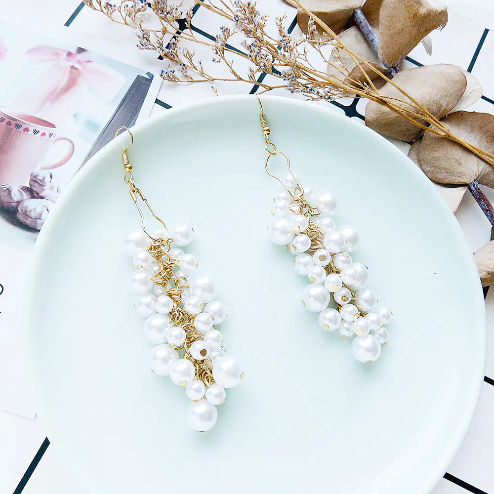 Korean Style Long Pearl Tassel Earrings with Grapes