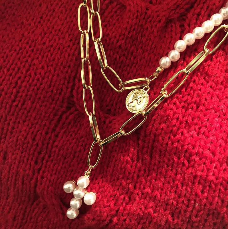 Vintage Coin Pearl Cross Layered Choker Necklace
