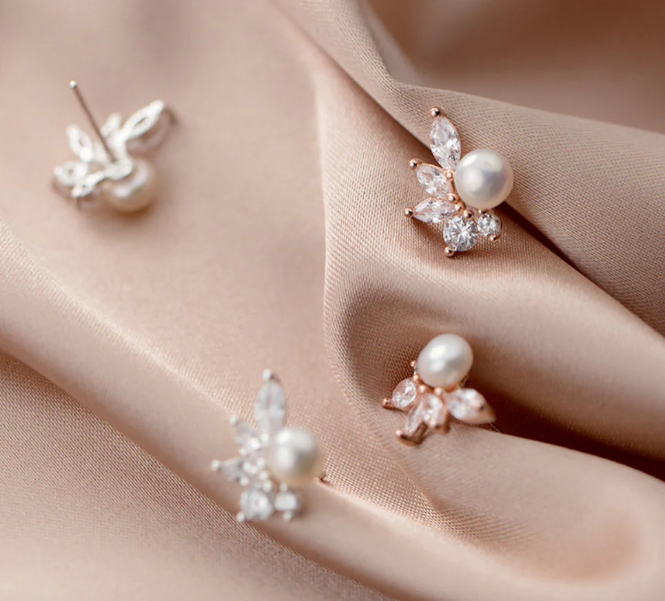 Pearl Leaf Earrings with Diamond Accents