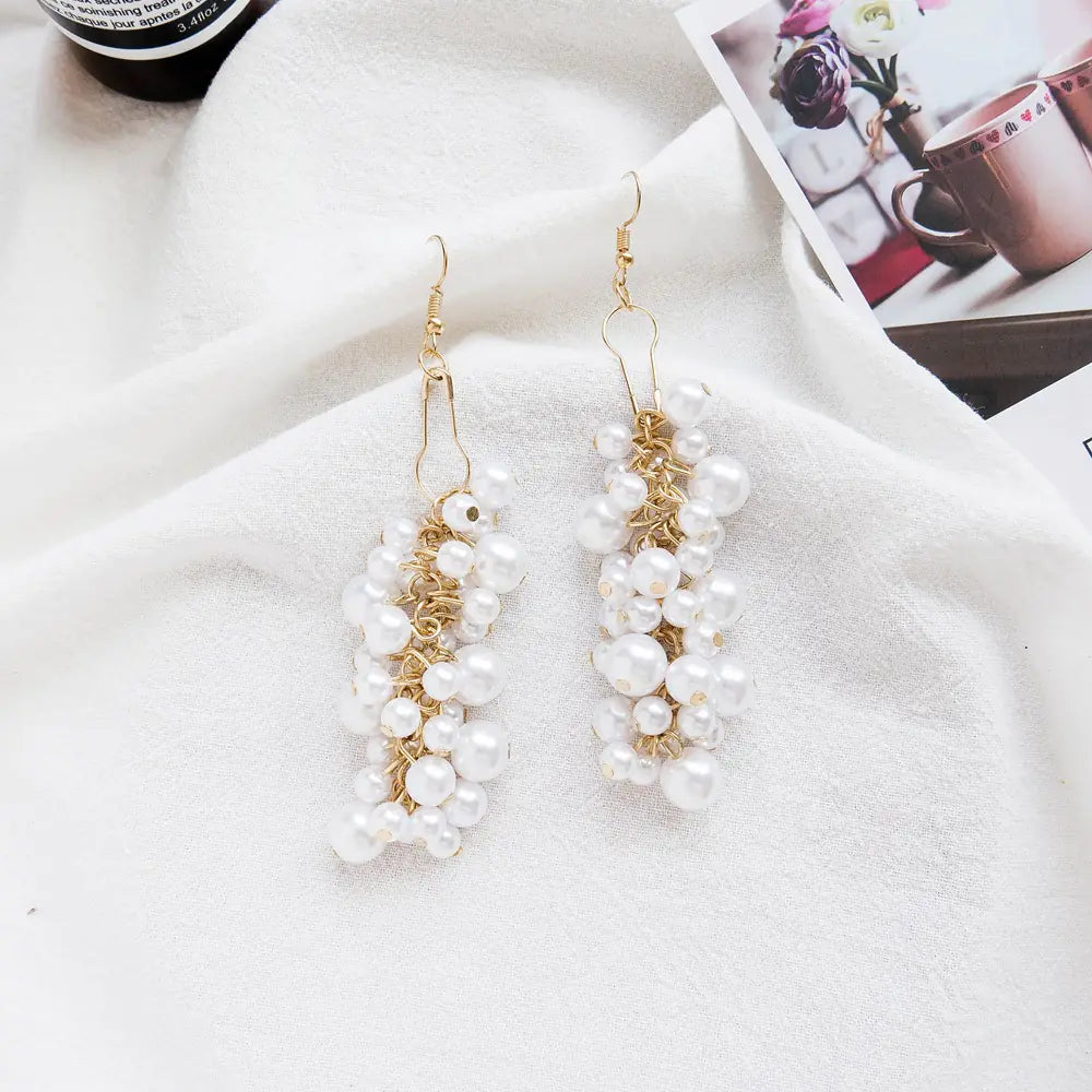 Korean Style Long Pearl Tassel Earrings with Grapes
