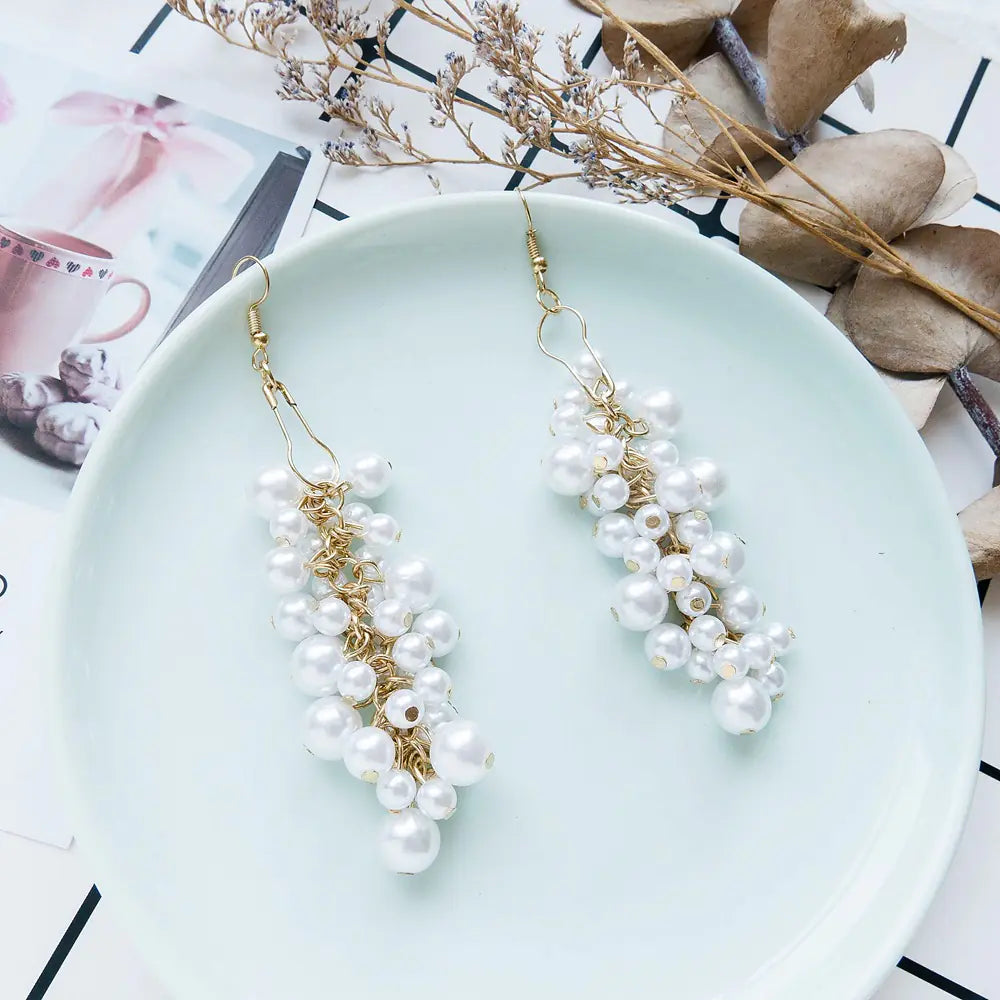 Korean Style Long Pearl Tassel Earrings with Grapes