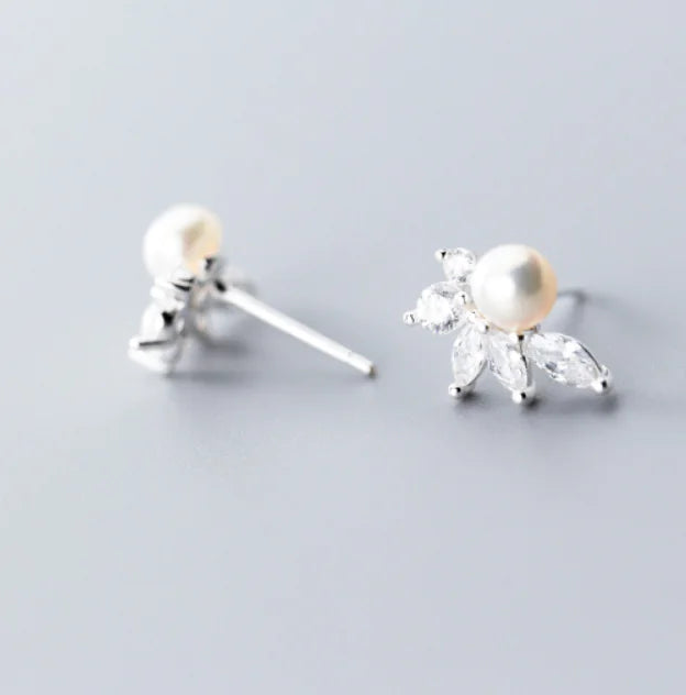 Pearl Leaf Earrings with Diamond Accents