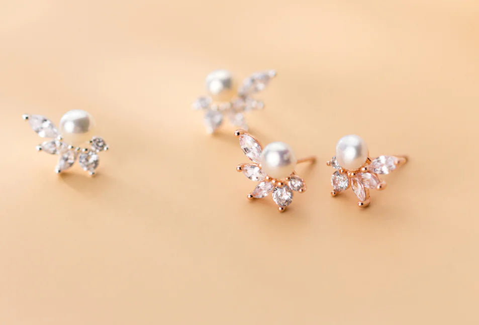 Pearl Leaf Earrings with Diamond Accents